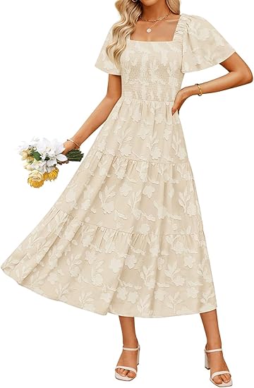 Women‘s Summer Boho Floral Midi Dress 2026 Casual Short Sleeve Square Neck Flowy Beach Vacation Long Dress