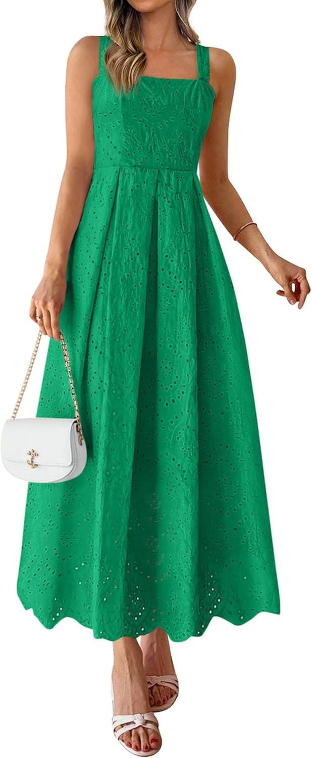 Womens Sleeveless Maxi Summer Dresses 2026 Hollow Out Eyelet Square Neck Ruffle Flowy Beach Vacation Sundress
