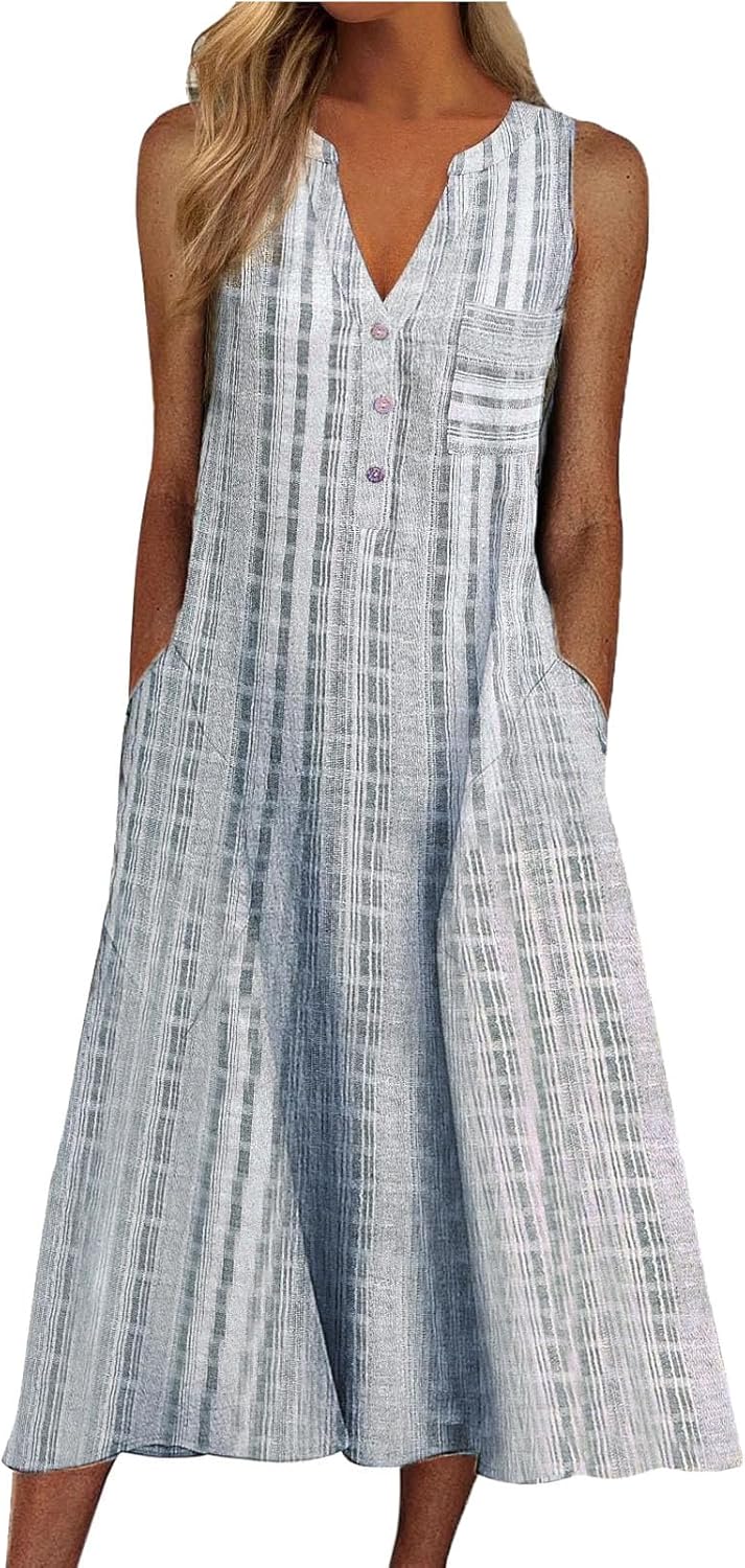 Women Casual Dress Summer Stripe Button V Neck Sleeveless with Pocket Long Dresses Holiday Beach Party Midi Dress
