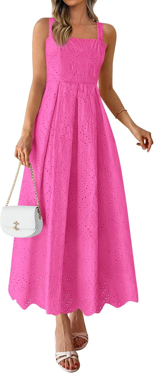Womens Sleeveless Maxi Summer Dresses 2026 Hollow Out Eyelet Square Neck Ruffle Flowy Beach Vacation Sundress