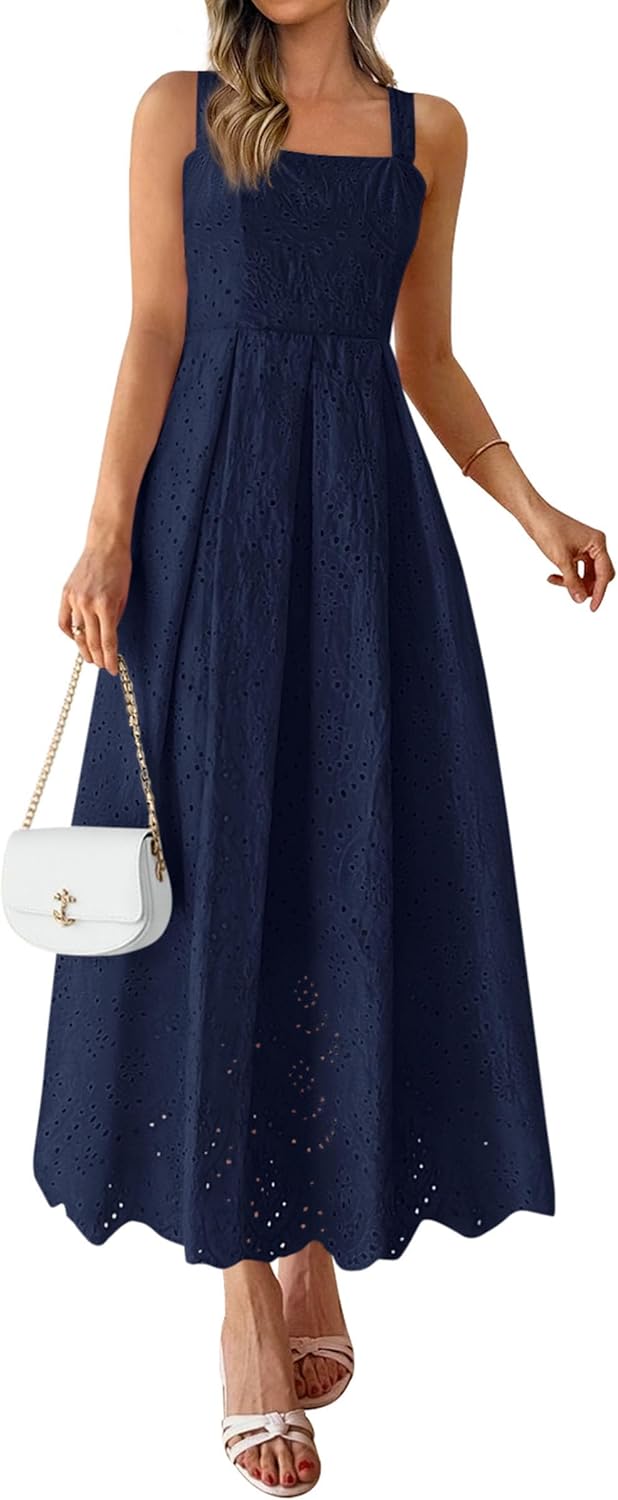 Womens Sleeveless Maxi Summer Dresses 2026 Hollow Out Eyelet Square Neck Ruffle Flowy Beach Vacation Sundress