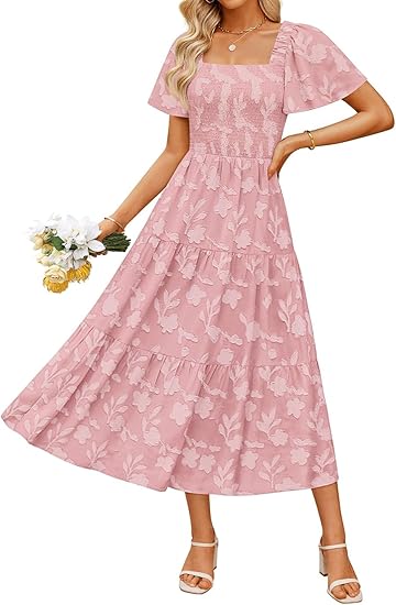 Women‘s Summer Boho Floral Midi Dress 2026 Casual Short Sleeve Square Neck Flowy Beach Vacation Long Dress