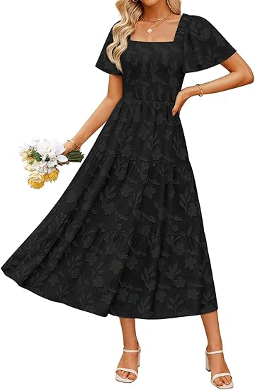 Women‘s Summer Boho Floral Midi Dress 2026 Casual Short Sleeve Square Neck Flowy Beach Vacation Long Dress