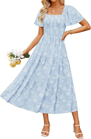 Women‘s Summer Boho Floral Midi Dress 2026 Casual Short Sleeve Square Neck Flowy Beach Vacation Long Dress