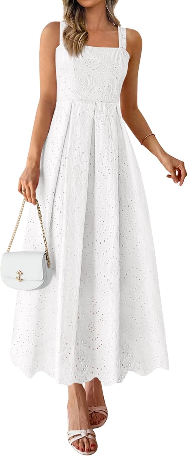 Womens Sleeveless Maxi Summer Dresses 2026 Hollow Out Eyelet Square Neck Ruffle Flowy Beach Vacation Sundress