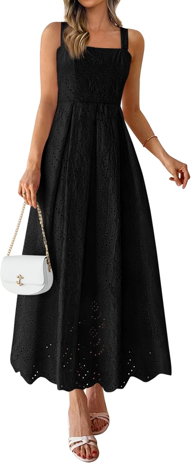 Womens Sleeveless Maxi Summer Dresses 2026 Hollow Out Eyelet Square Neck Ruffle Flowy Beach Vacation Sundress