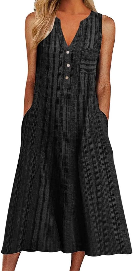 Women Casual Dress Summer Stripe Button V Neck Sleeveless with Pocket Long Dresses Holiday Beach Party Midi Dress