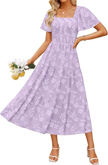 Women‘s Summer Boho Floral Midi Dress 2026 Casual Short Sleeve Square Neck Flowy Beach Vacation Long Dress