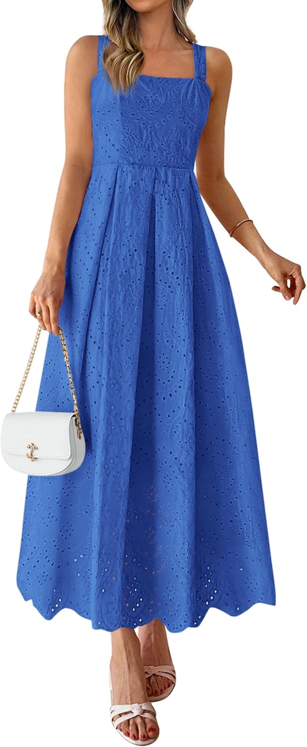 Womens Sleeveless Maxi Summer Dresses 2026 Hollow Out Eyelet Square Neck Ruffle Flowy Beach Vacation Sundress