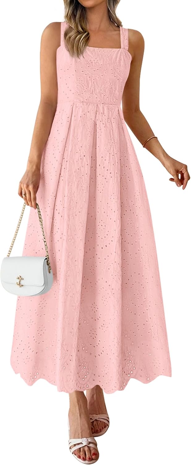 Womens Sleeveless Maxi Summer Dresses 2026 Hollow Out Eyelet Square Neck Ruffle Flowy Beach Vacation Sundress