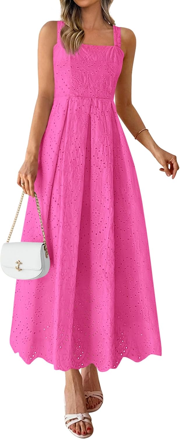 Womens Sleeveless Maxi Summer Dresses 2026 Hollow Out Eyelet Square Neck Ruffle Flowy Beach Vacation Sundress
